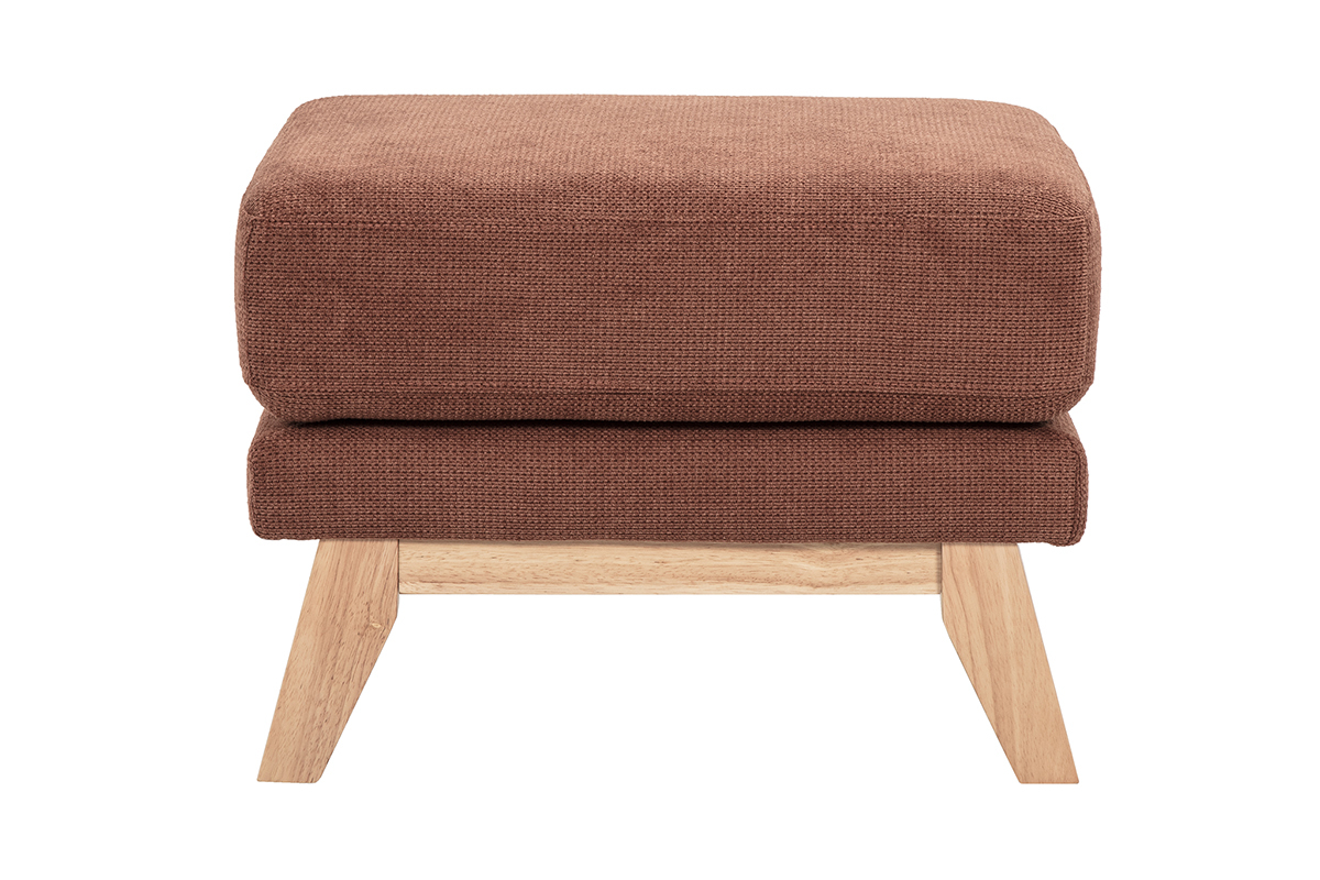 Pouf scandinavo in tessuto terra bruciata con piedi in legno, vista frontale.