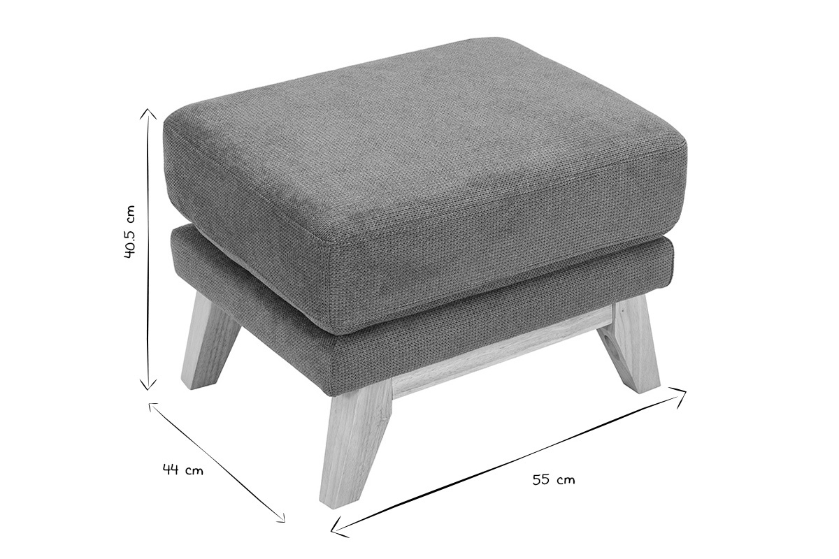 Pouf poggiapiedi scandinavo nero e bianco, dimensioni indicate, prospettiva 3/4.