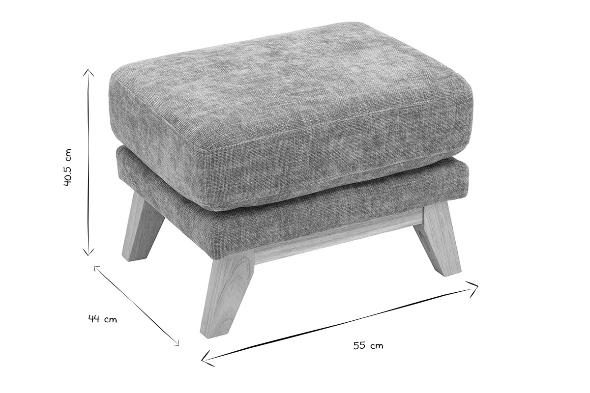 Dimensioni del pouf poggiapiedi: L55 x P44 x H40,5 cm, foto in bianco e nero.