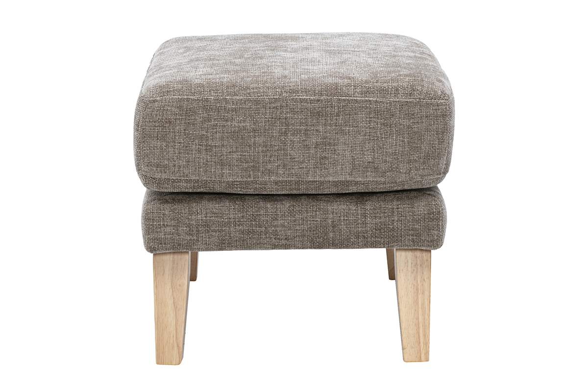 Pouf poggiapiedi scandinavo taupe in tessuto effetto velluto, vista di profilo su piedini in legno chiaro.