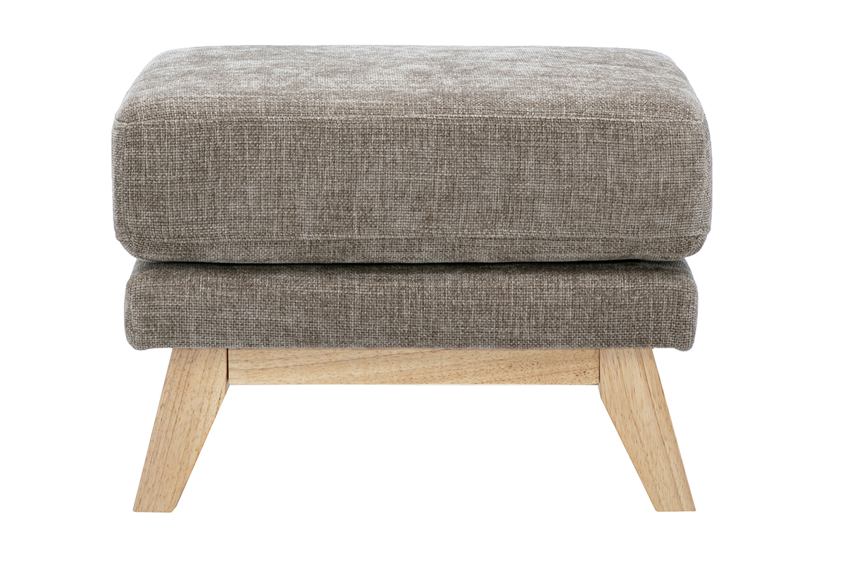 Pouf poggiapiedi scandinavo in tessuto tortora con base in legno chiaro, vista frontale.
