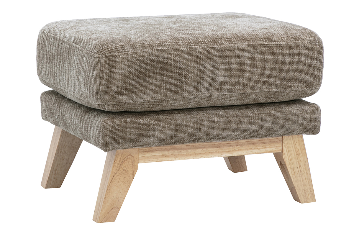 Pouf poggiapiedi scandinavo tortora con struttura in legno chiaro, vista a tre quarti