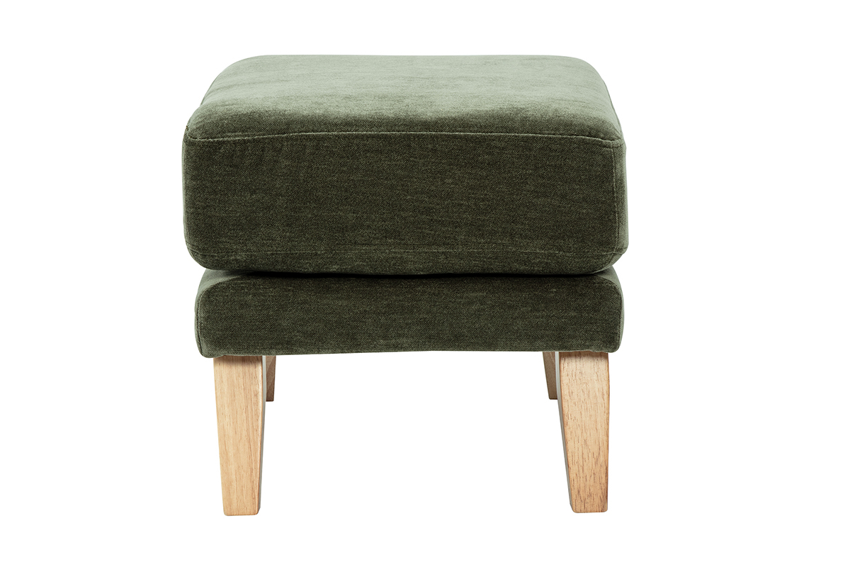 Pouf scandinavo in tessuto verde cachi, vista laterale, con gambe in legno chiaro.