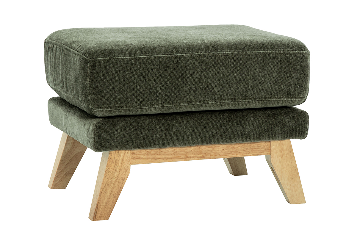 Pouf scandinavo verde kaki su piedi in legno chiaro, vista da 3/4.