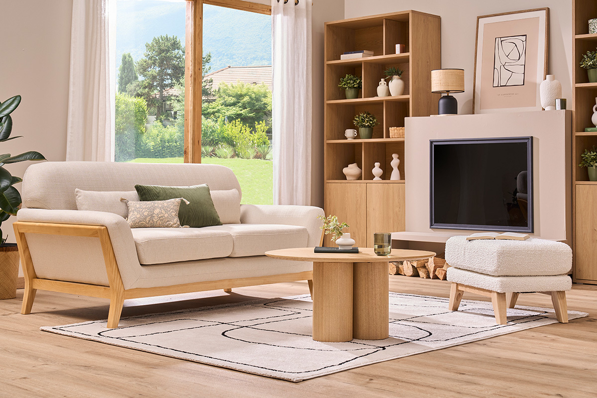 Pouf poggiapiedi scandinavo in tessuto effetto velluto verde kaki e legno chiaro OSLO