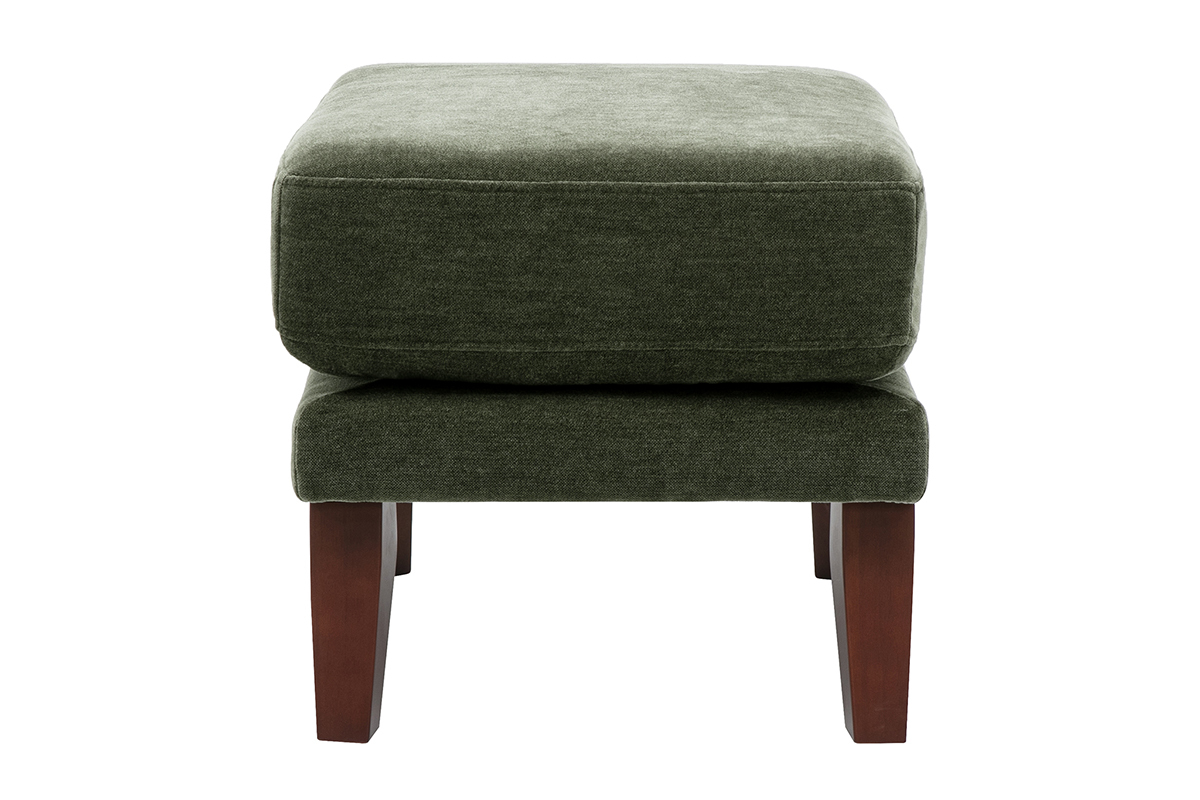 Pouf poggiapiedi scandinavo in tessuto velluto verde kaki, vista di profilo, con base in legno scuro.