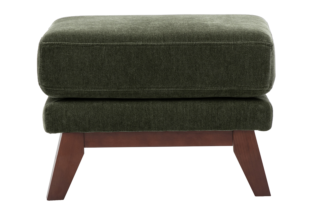 Pouf poggiapiedi scandinavo verde kaki con base in legno scuro, vista frontale.