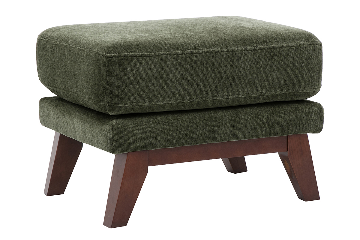 Pouf poggiapiedi scandinavo in tessuto effetto velluto verde kaki e legno scuro, vista a 3/4.