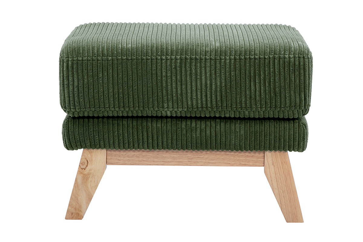 Pouf scandinavo in velluto a coste verde e legno chiaro, vista frontale.