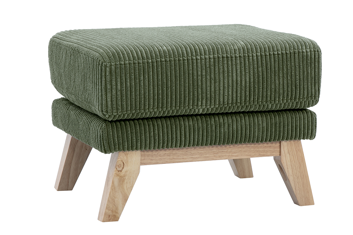 Pouf scandinavo in velluto a coste verde kaki e legno chiaro, vista laterale.