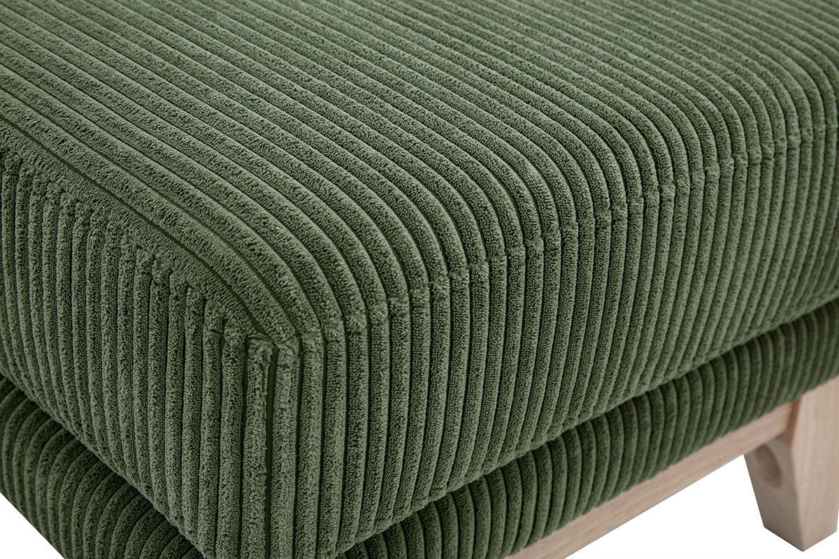 Pouf in velluto a coste verde kaki con piedi in legno chiaro, vista ingrandita.