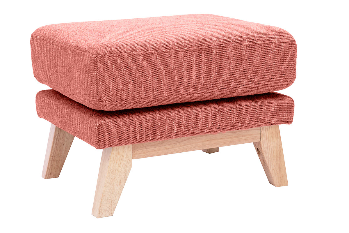 Pouf poggiapiedi sfoderabile scandinavo in tessuto effetto velluto testurizzato color terracotta e legno chiaro OSLO