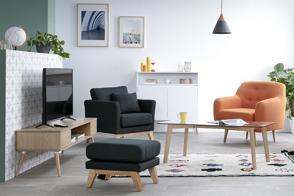 Pouf poggiapiedi sfoderabile scandinavo in tessuto effetto velluto testurizzato color terracotta e legno chiaro OSLO