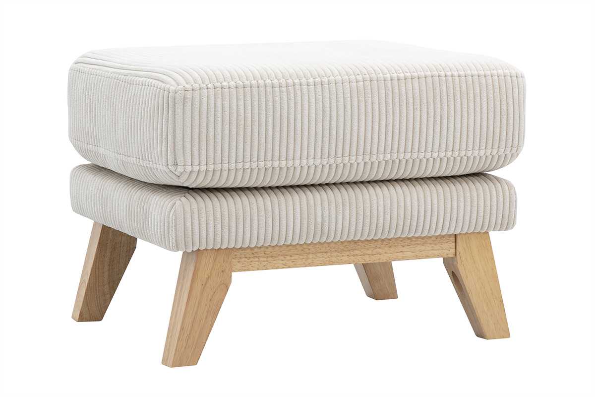 Pouf poggiapiedi sfoderabile scandinavo in tessuto velluto a coste beige e legno chiaro OSLO