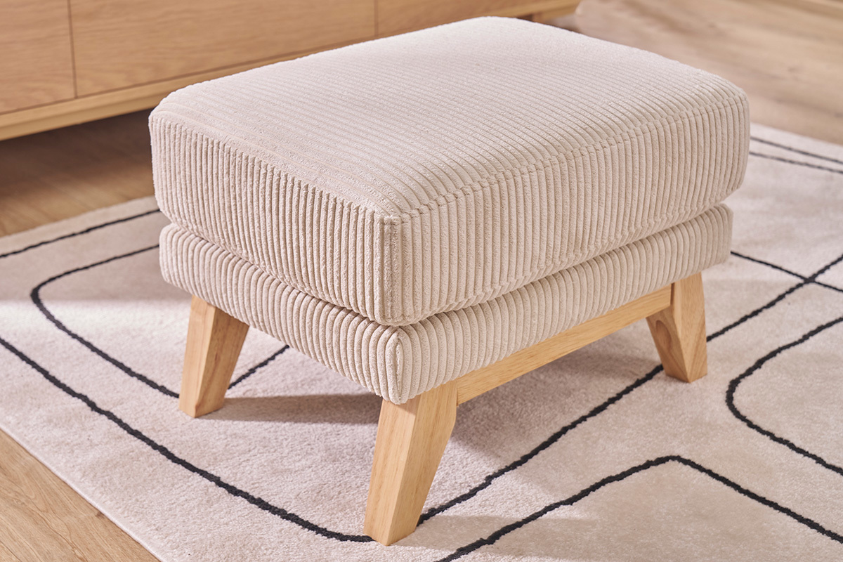 Pouf poggiapiedi sfoderabile scandinavo in tessuto velluto a coste beige e legno chiaro OSLO