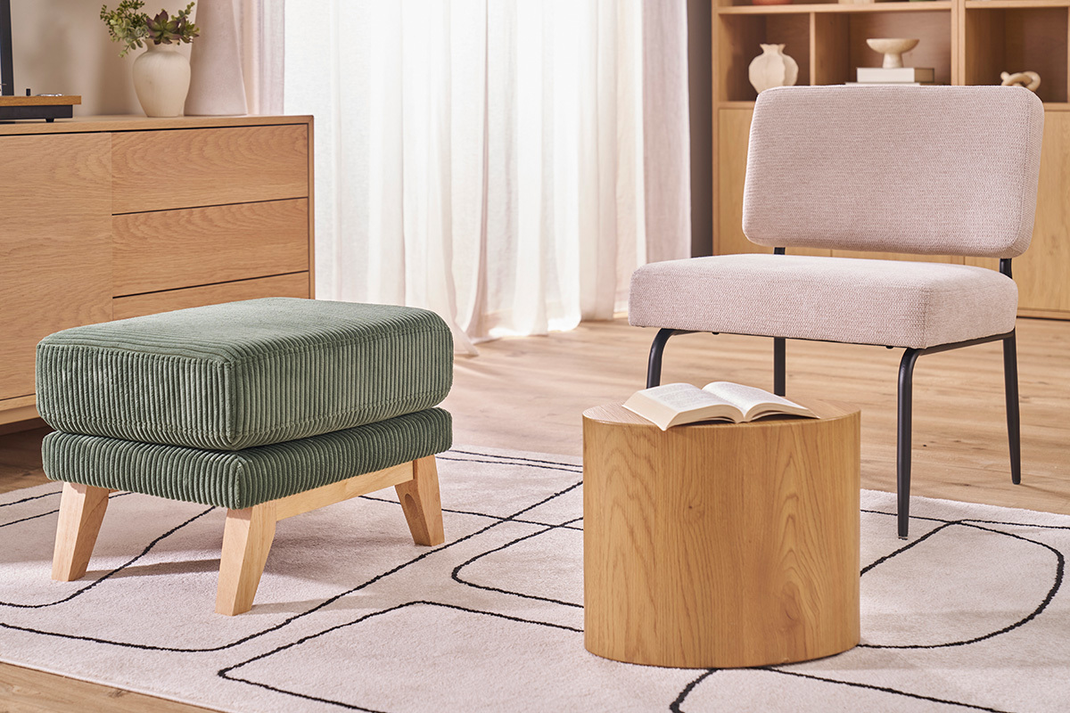 Pouf poggiapiedi sfoderabile scandinavo in tessuto velluto a coste verde kaki e legno chiaro OSLO