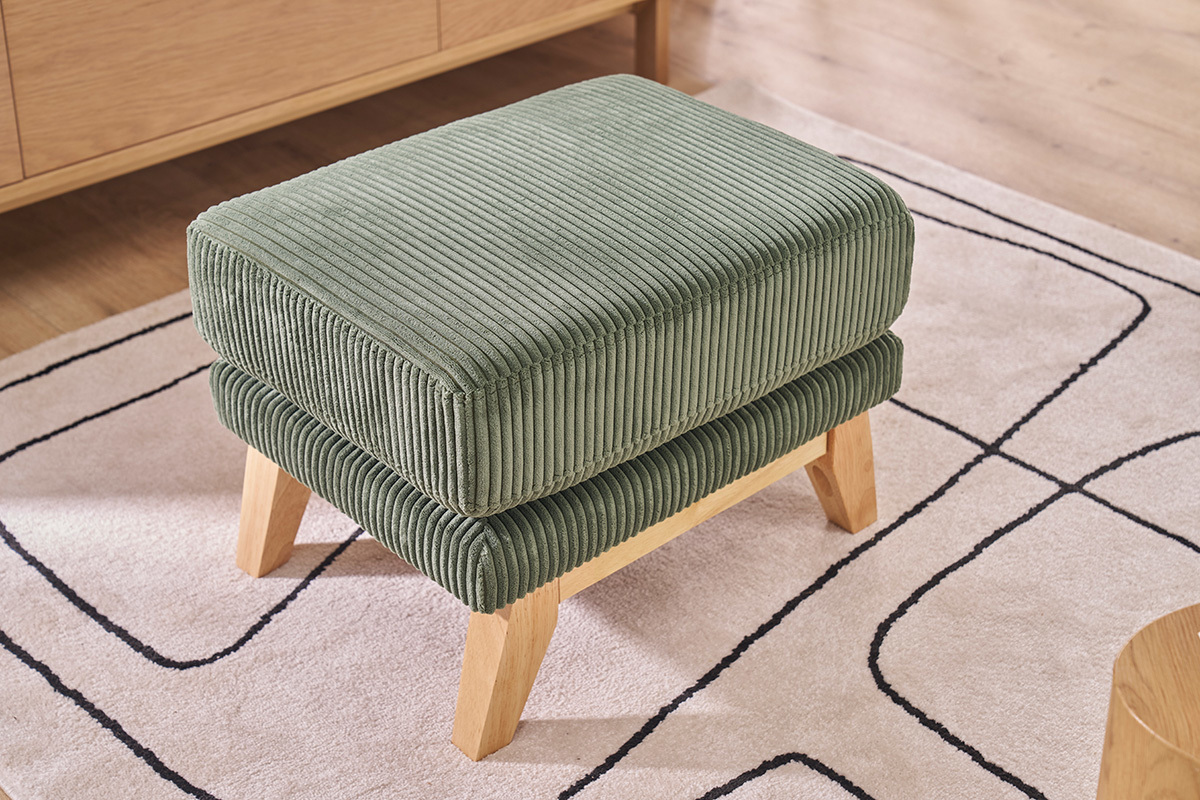 Pouf poggiapiedi sfoderabile scandinavo in tessuto velluto a coste verde kaki e legno chiaro OSLO