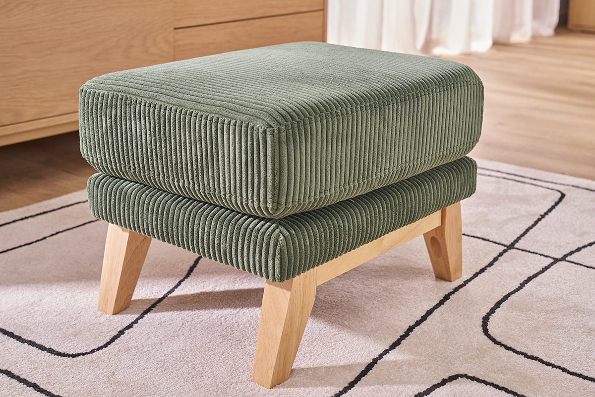 Pouf poggiapiedi sfoderabile scandinavo in tessuto velluto a coste verde kaki e legno chiaro OSLO