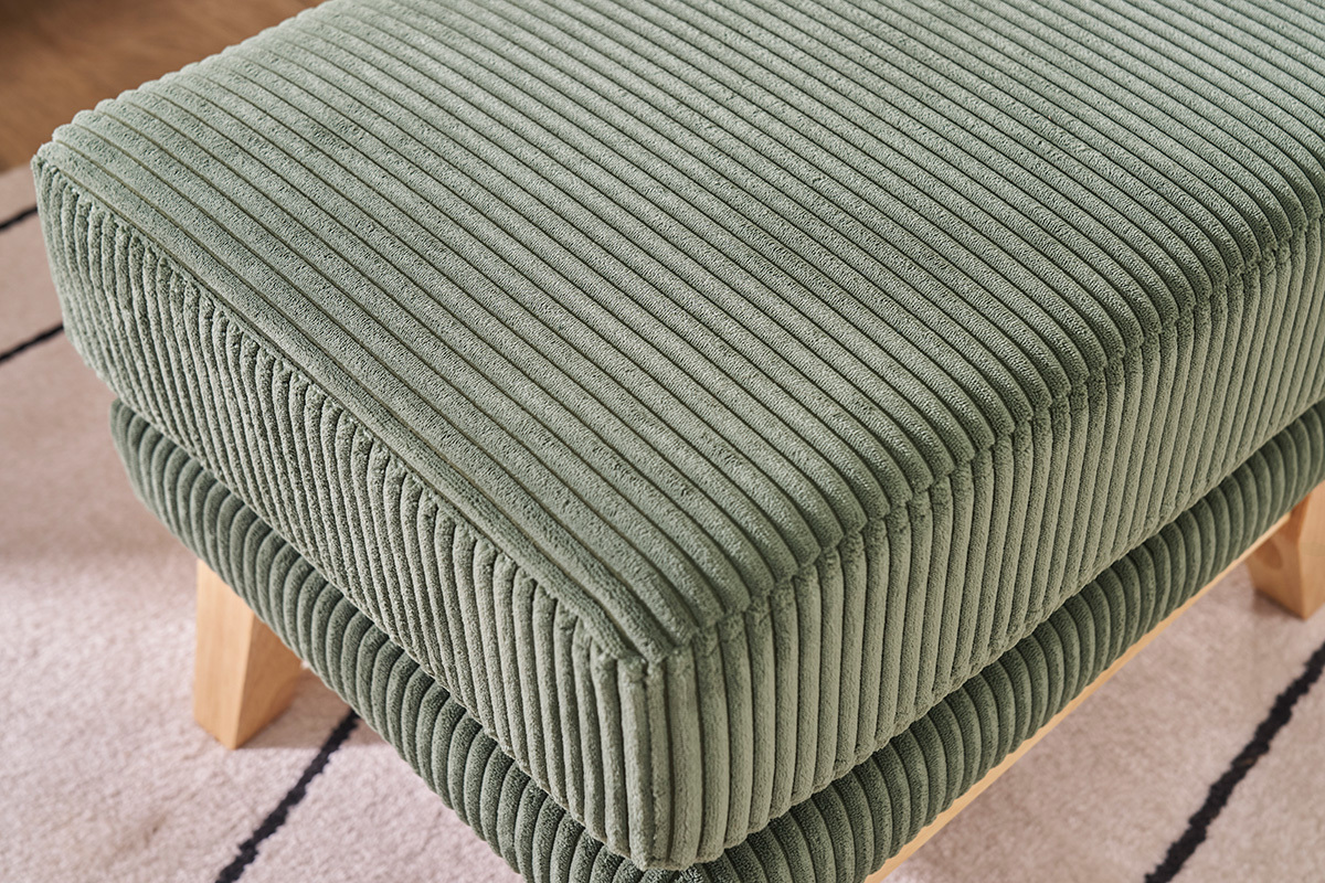 Pouf poggiapiedi sfoderabile scandinavo in tessuto velluto a coste verde kaki e legno chiaro OSLO