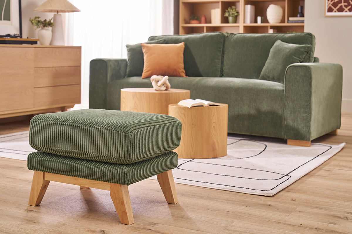Pouf poggiapiedi sfoderabile scandinavo in tessuto velluto a coste verde kaki e legno chiaro OSLO