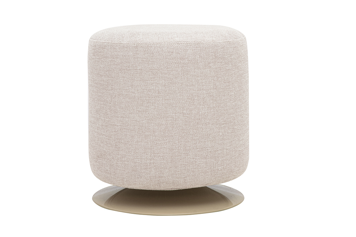 Pouf rotondo girevole in tessuto effetto velluto testurizzato beige con piede in metallo, vista frontale