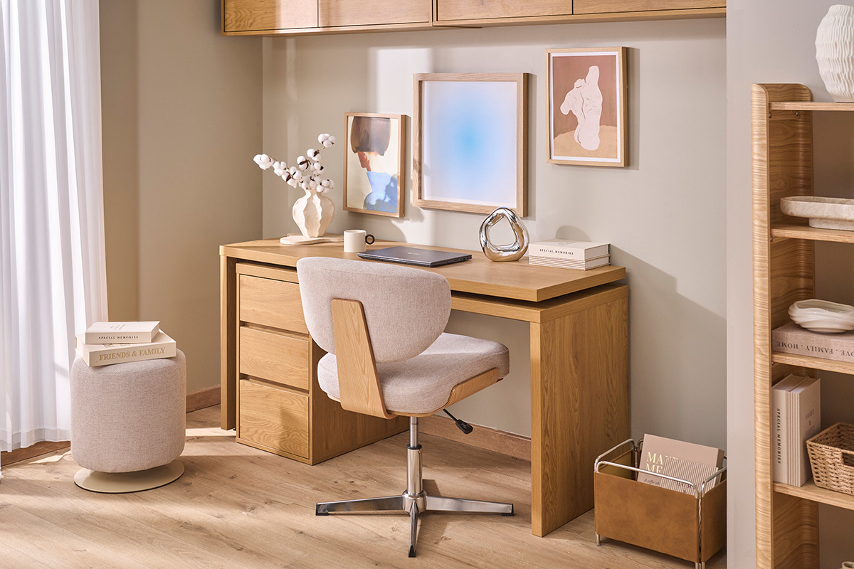 Pouf rotondo girevole in tessuto effetto velluto testurizzato beige e metallo D39,5 cm VOLNAY