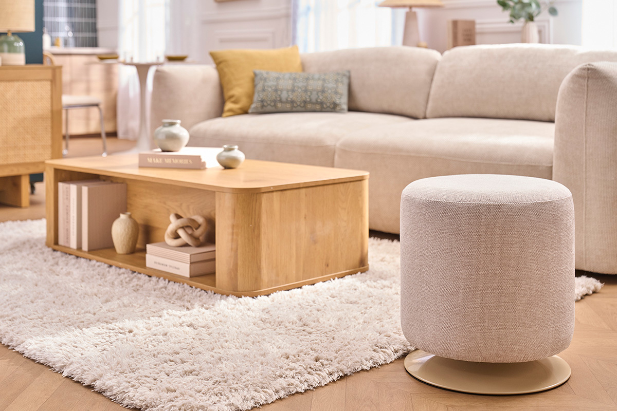 Pouf rotondo girevole in tessuto effetto velluto testurizzato terra bruciata e metallo D39.5 cm VOLNAY