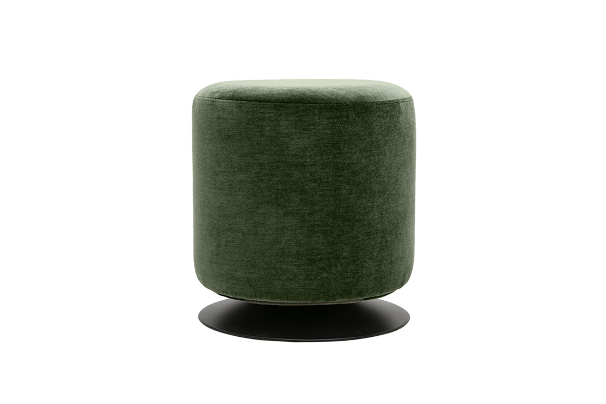 Pouf rotondo girevole in tessuto effetto velluto verde kaki, formato D39,5 cm, vista frontale