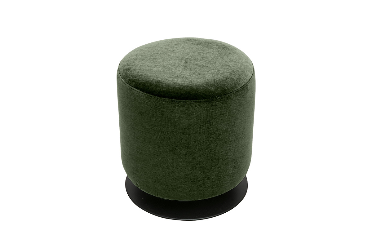 Pouf rotondo girevole in tessuto effetto velluto verde kaki con base in metallo, vista dall'alto