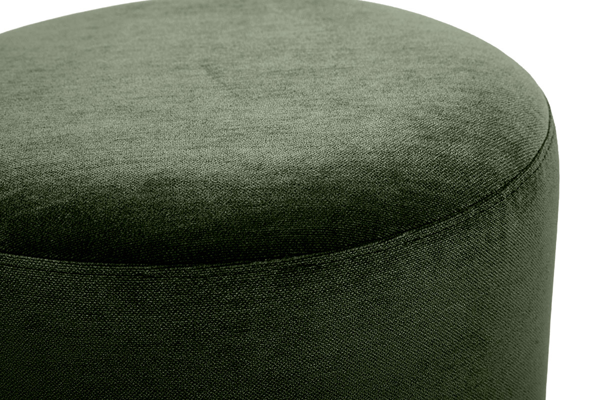Pouf rotondo girevole in tessuto effetto velluto verde kaki, vista dall'alto, D39,5 cm, design contemporaneo.