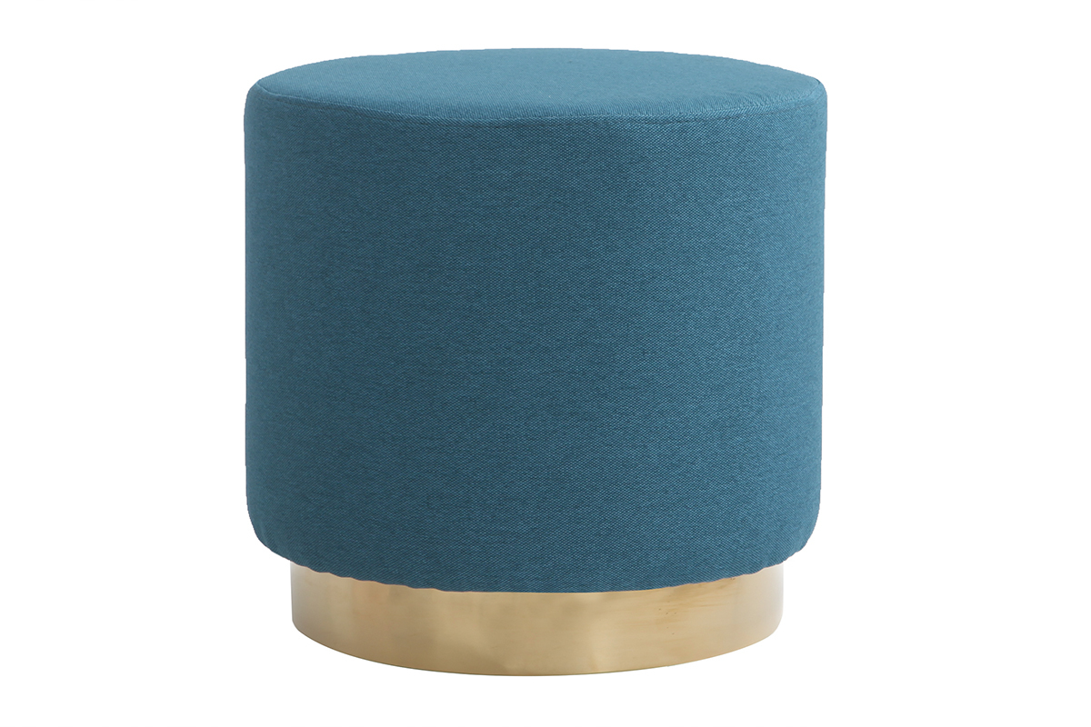 Pouf rotondo in tessuto Blu anatra e metallo dorato BETTY
