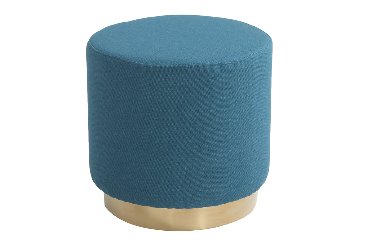 Pouf rotondo in tessuto Blu anatra e metallo dorato BETTY