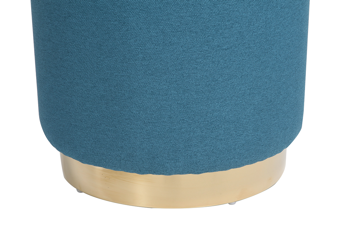Pouf rotondo in tessuto Blu anatra e metallo dorato BETTY