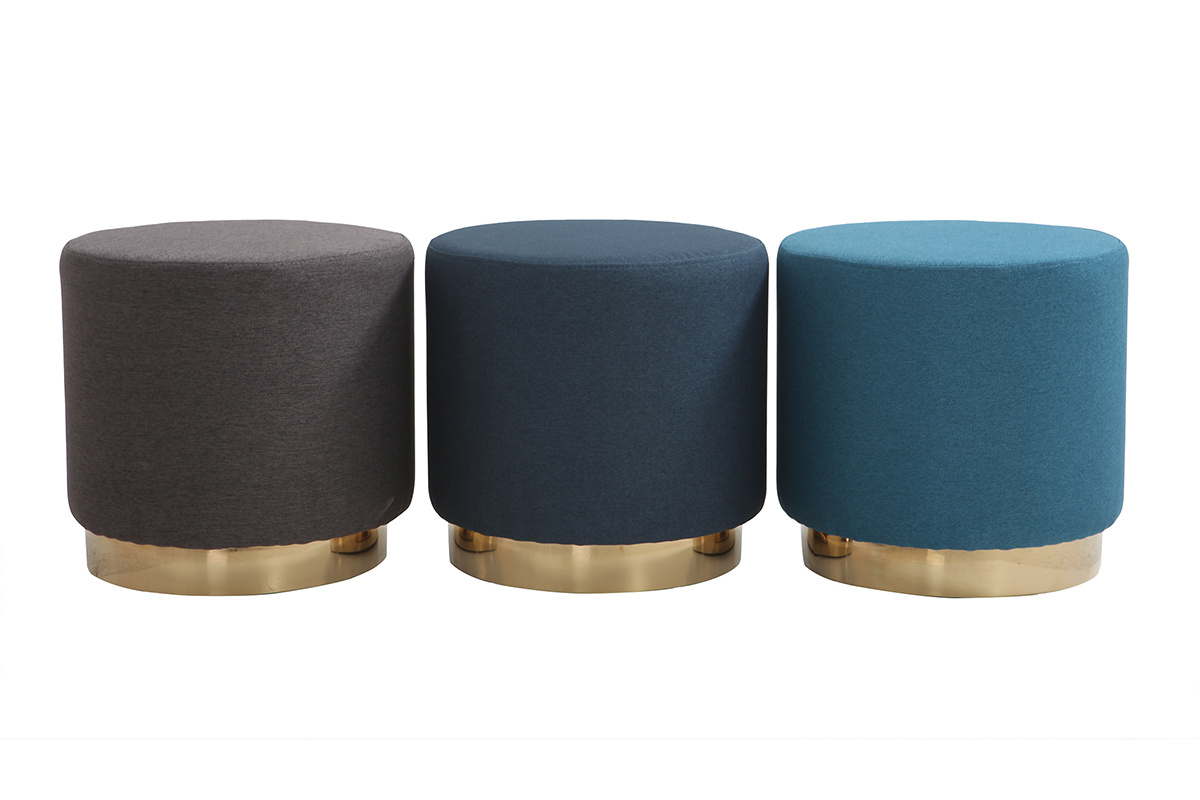 Pouf rotondo in tessuto Blu anatra e metallo dorato BETTY