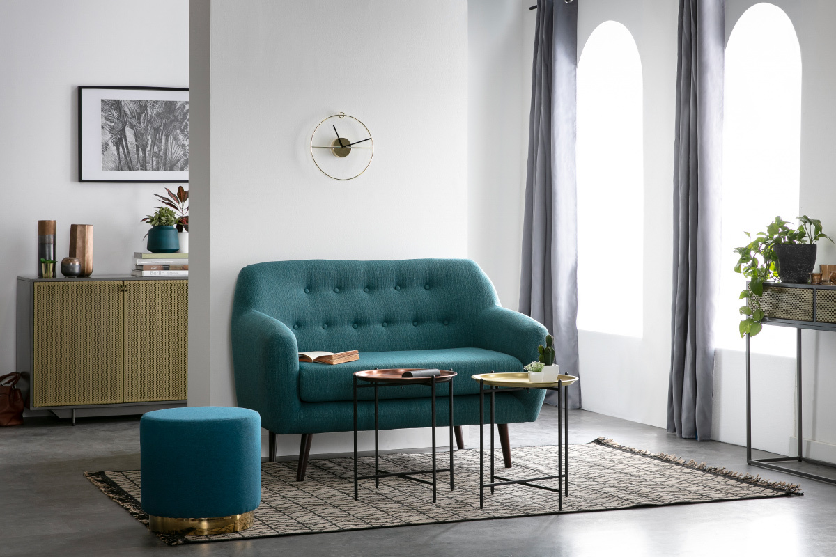 Pouf rotondo in tessuto Blu anatra e metallo dorato BETTY