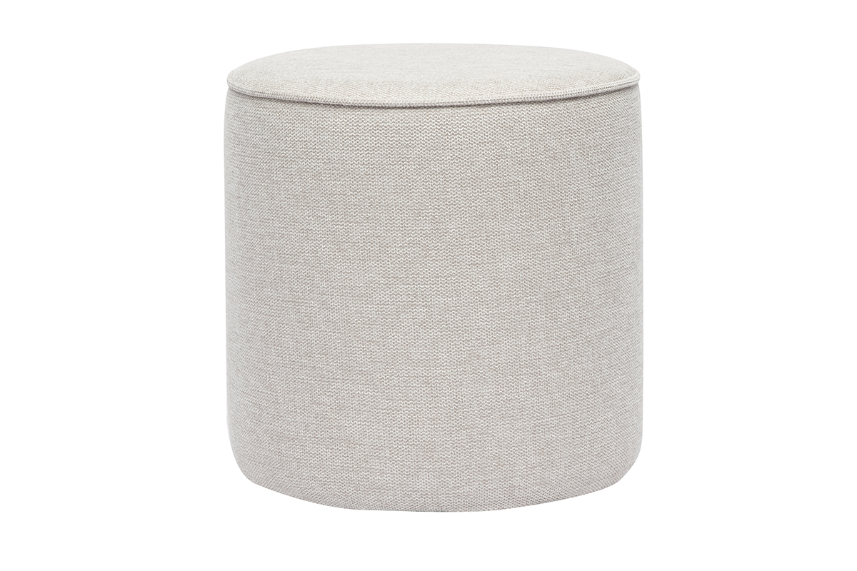 Pouf rotondo beige in tessuto effetto velluto testurizzato, vista frontale.