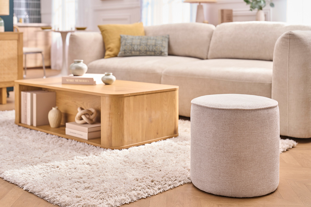 Pouf rotondo in tessuto effetto velluto testurizzato beige D40 cm PAUL