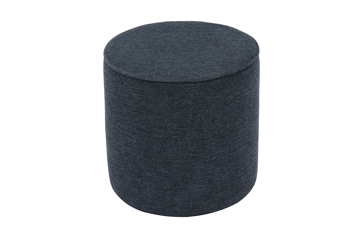 Pouf rotondo in tessuto effetto velluto blu scuro, vista frontale.