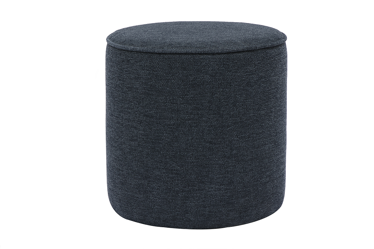 Pouf rotondo in tessuto blu scuro effetto velluto, vista frontale.