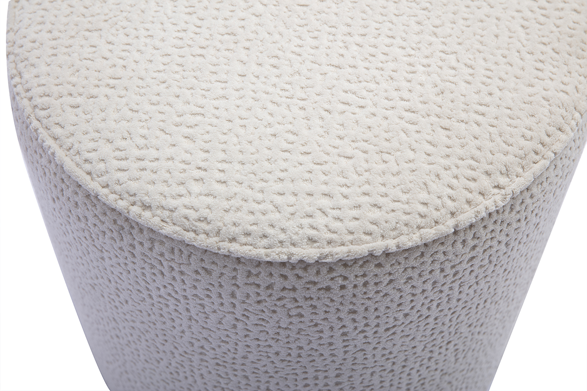 Vista dall'alto del pouf rotondo in tessuto effetto velluto testurizzato �cru a motivi, D40 cm.