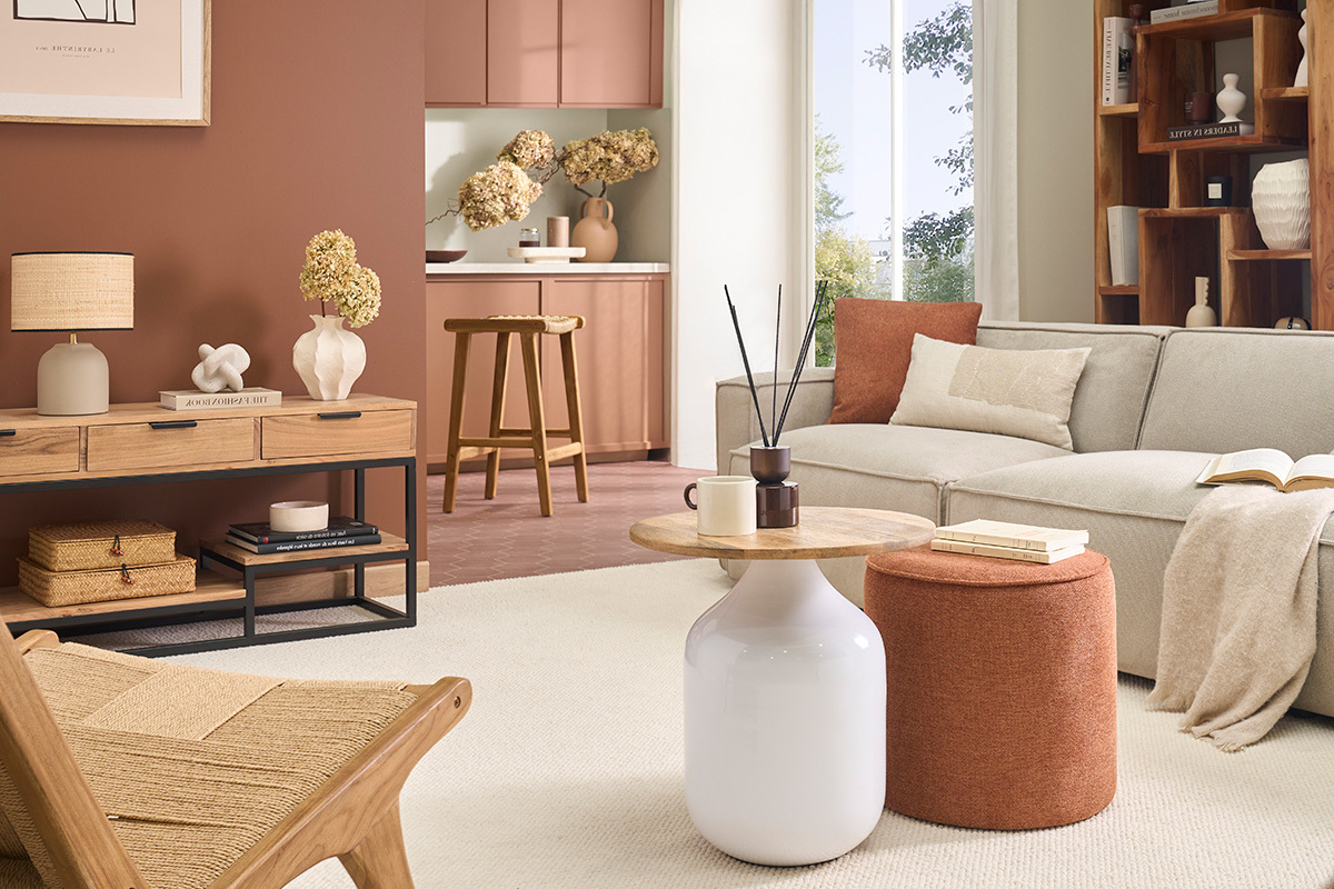 Pouf rotondo in tessuto effetto velluto testurizzato terra bruciata D40 cm PAUL