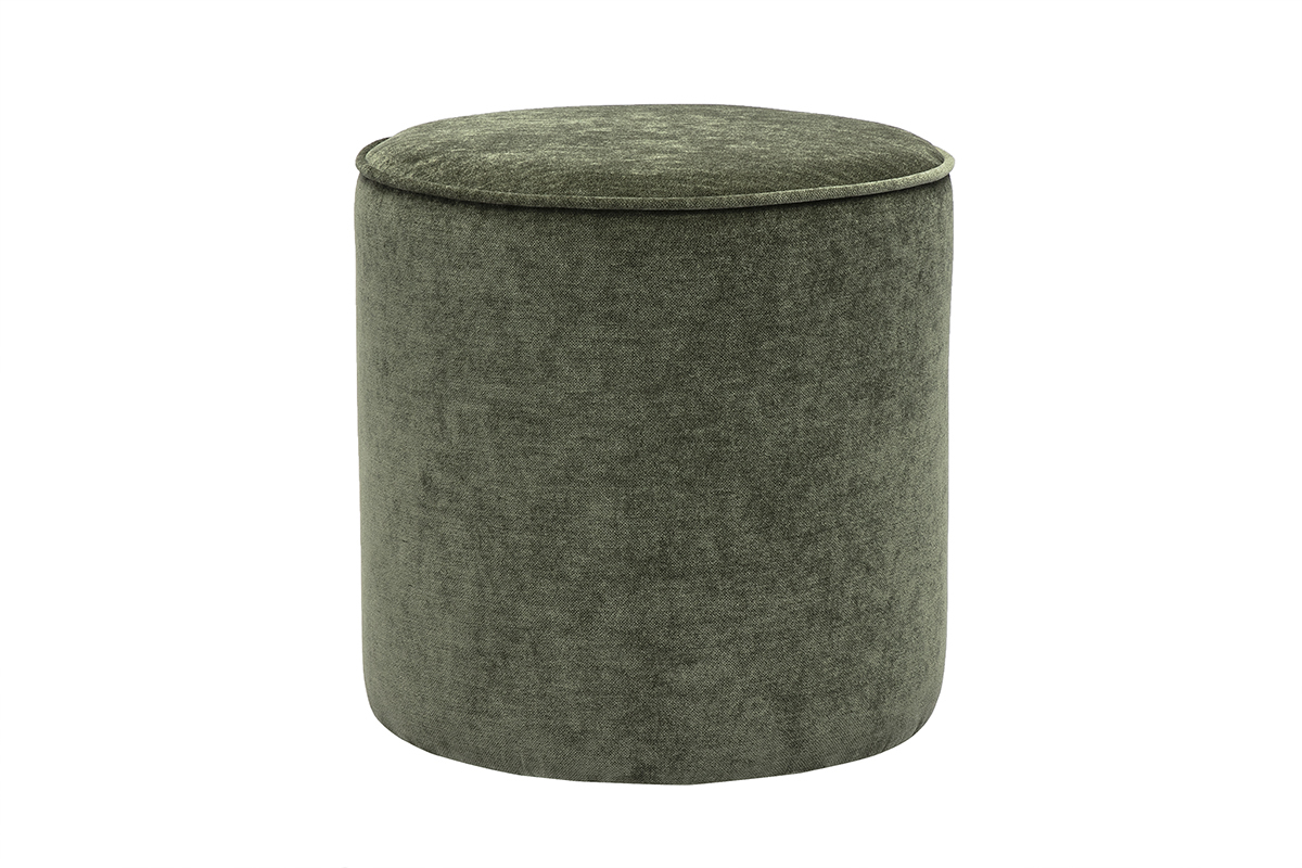 Pouf rotondo in tessuto velluto verde kaki D40 cm, vista frontale.