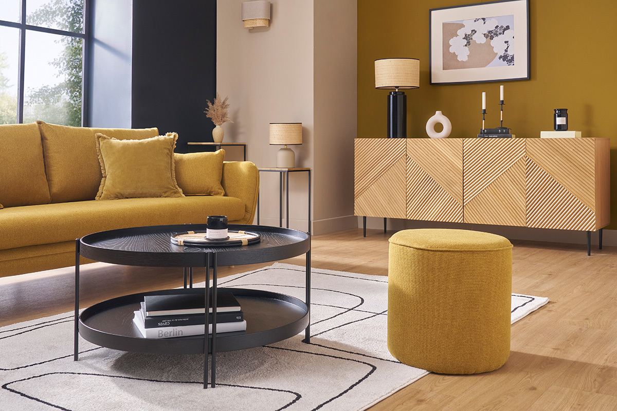 Pouf rotondo in tessuto giallo cumino D40 cm COQ