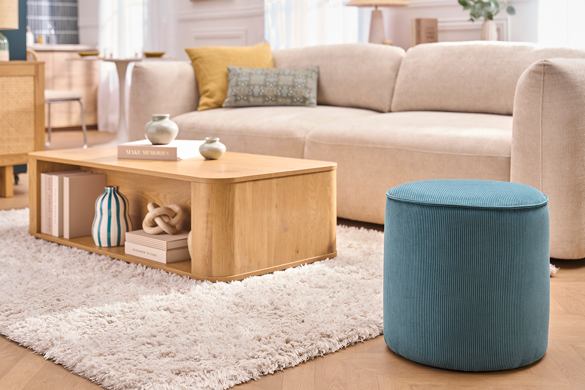 Pouf rotondo in tessuto velluto a coste blu pavone D40 cm PAUL