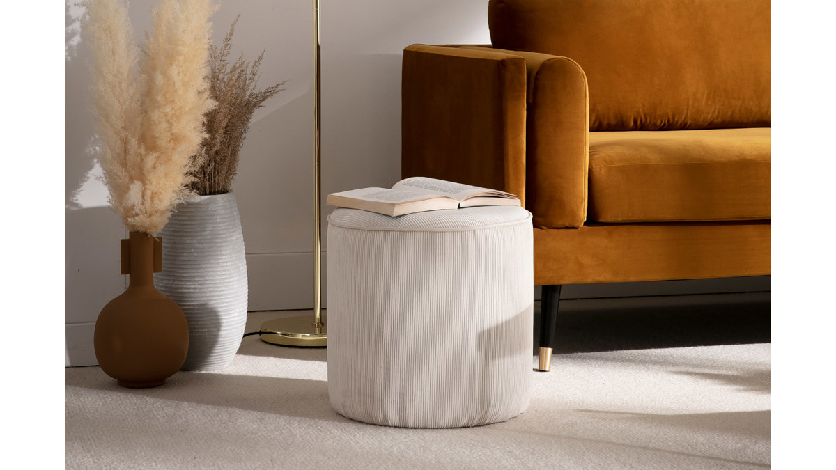30 x 30 x 35 cm Incidenza Paris Pouf Velluto Rotondo Legno Grigio Topo 