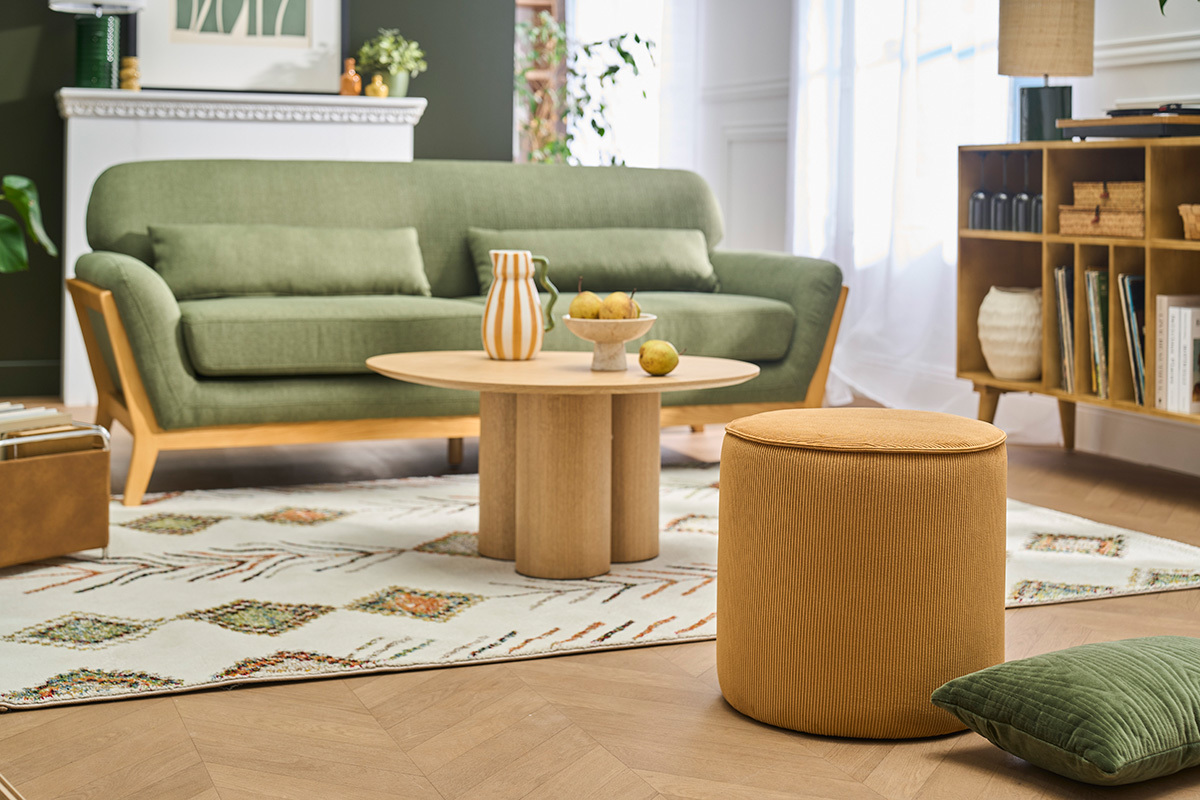 Pouf rotondo in velluto a coste giallo curry D40 cm PAUL