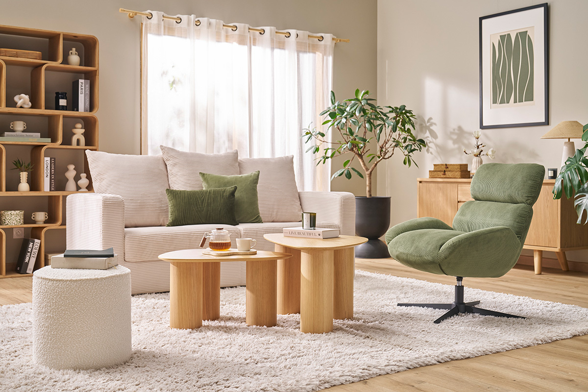 Pouf rotondo in velluto a coste verde kaki D40 cm PAUL