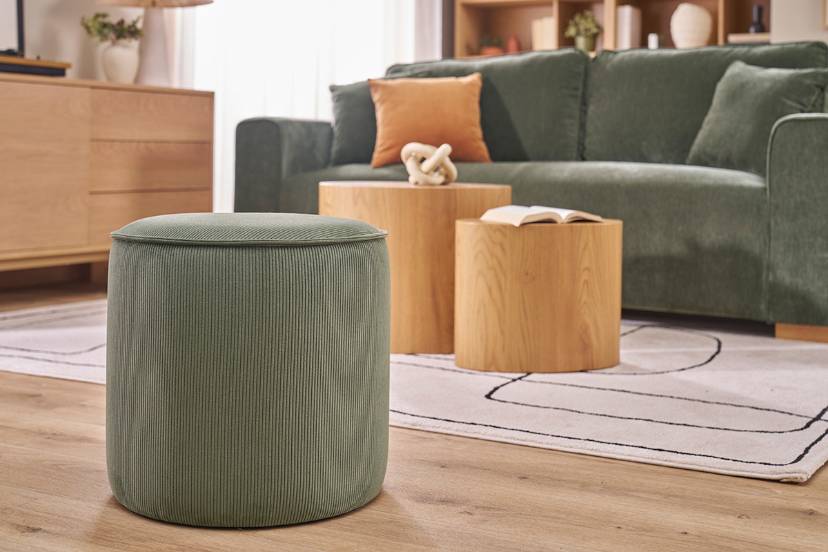 Pouf rotondo in velluto a coste verde kaki D40 cm PAUL