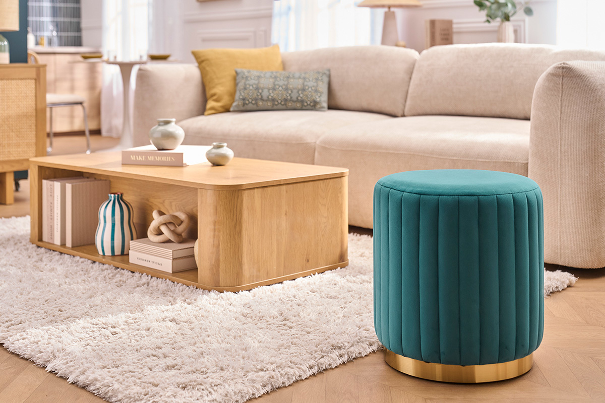 Pouf rotondo in velluto blu petrolio e metallo dorato D40 cm DONA