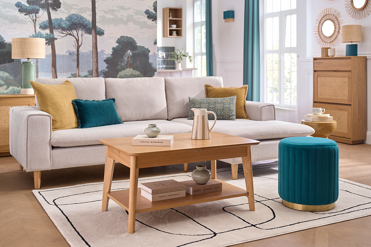 Pouf rotondo in velluto blu petrolio e metallo dorato D40 cm DONA
